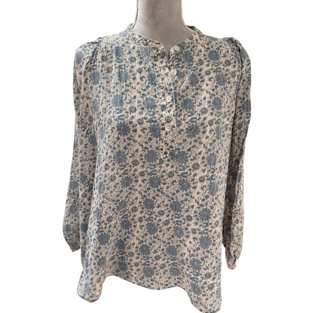 Pietsie Floral Cotton Henley Blouse Blue White L Boho Cottagecore Peasant